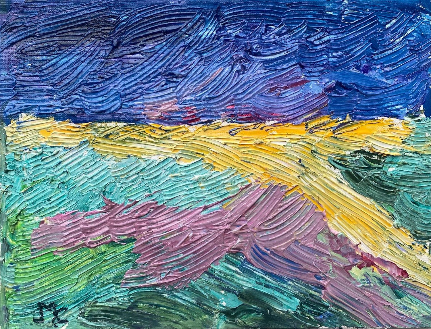 Modernist Impasto Painting Mountain with Ocean Landscape J. James Akston