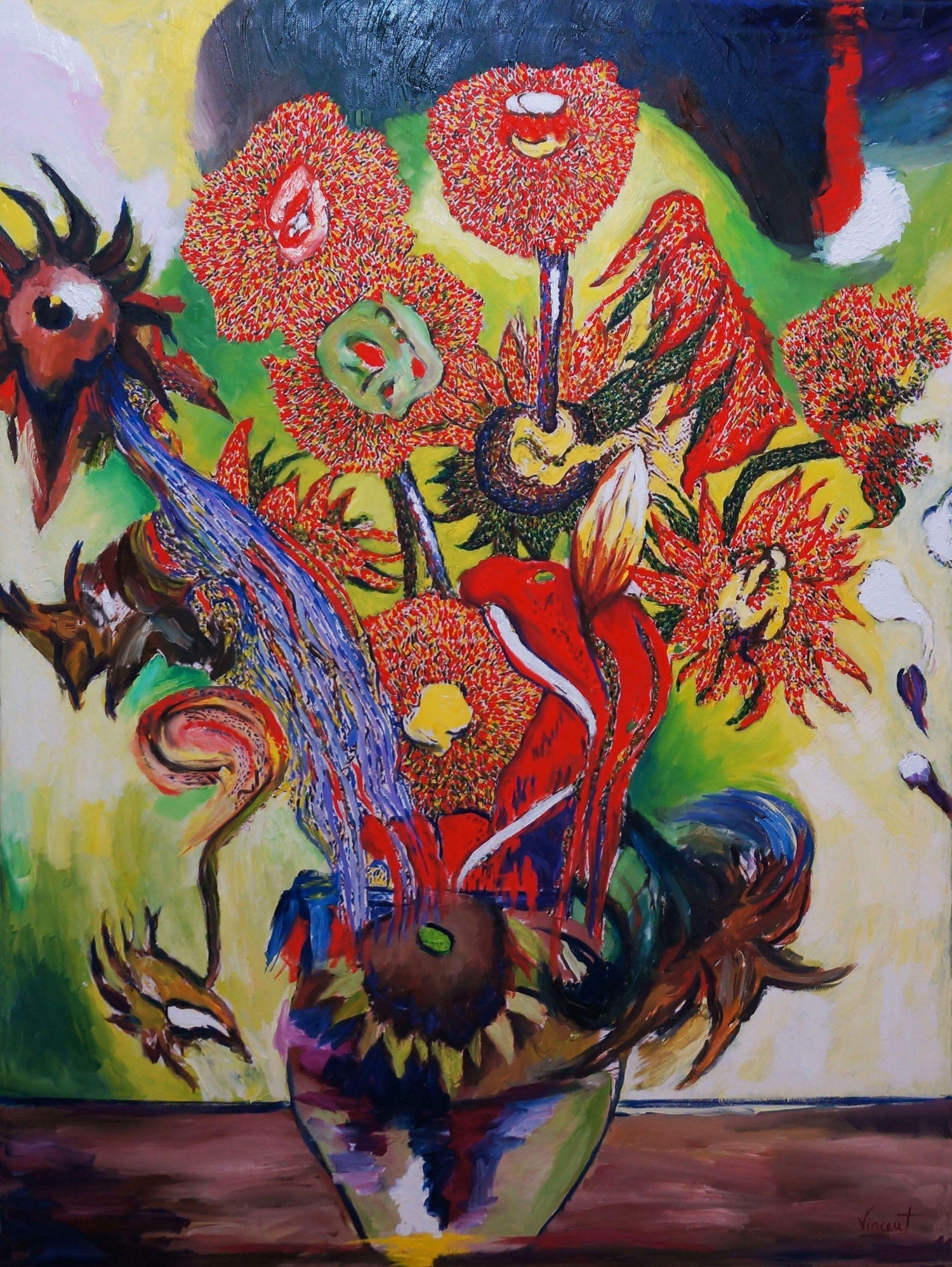 Vibrant Acrylic on Canvas Surrealist Erotic Flowers Painting Christine McGinnis