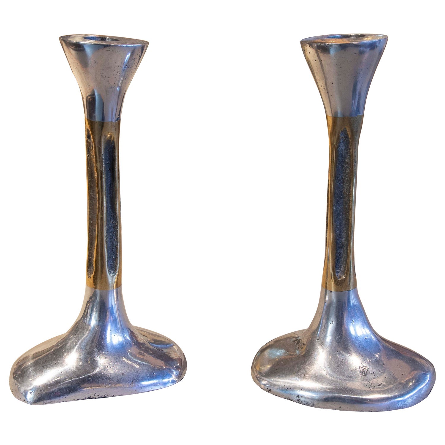 1970s French Brass & Raw Mineral Agate Specimen Sculpture Art Candlesticks Pair