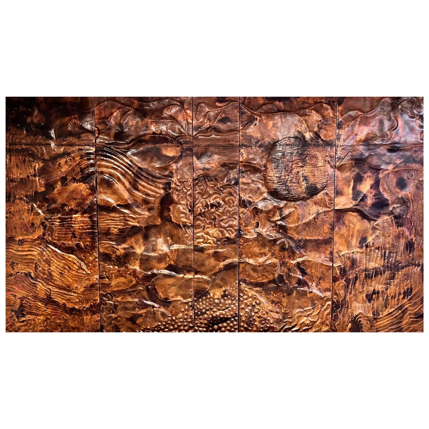1970s  Large Wood, Copper Inlay Sculpture Wall Relief Tropical Flowers Motif