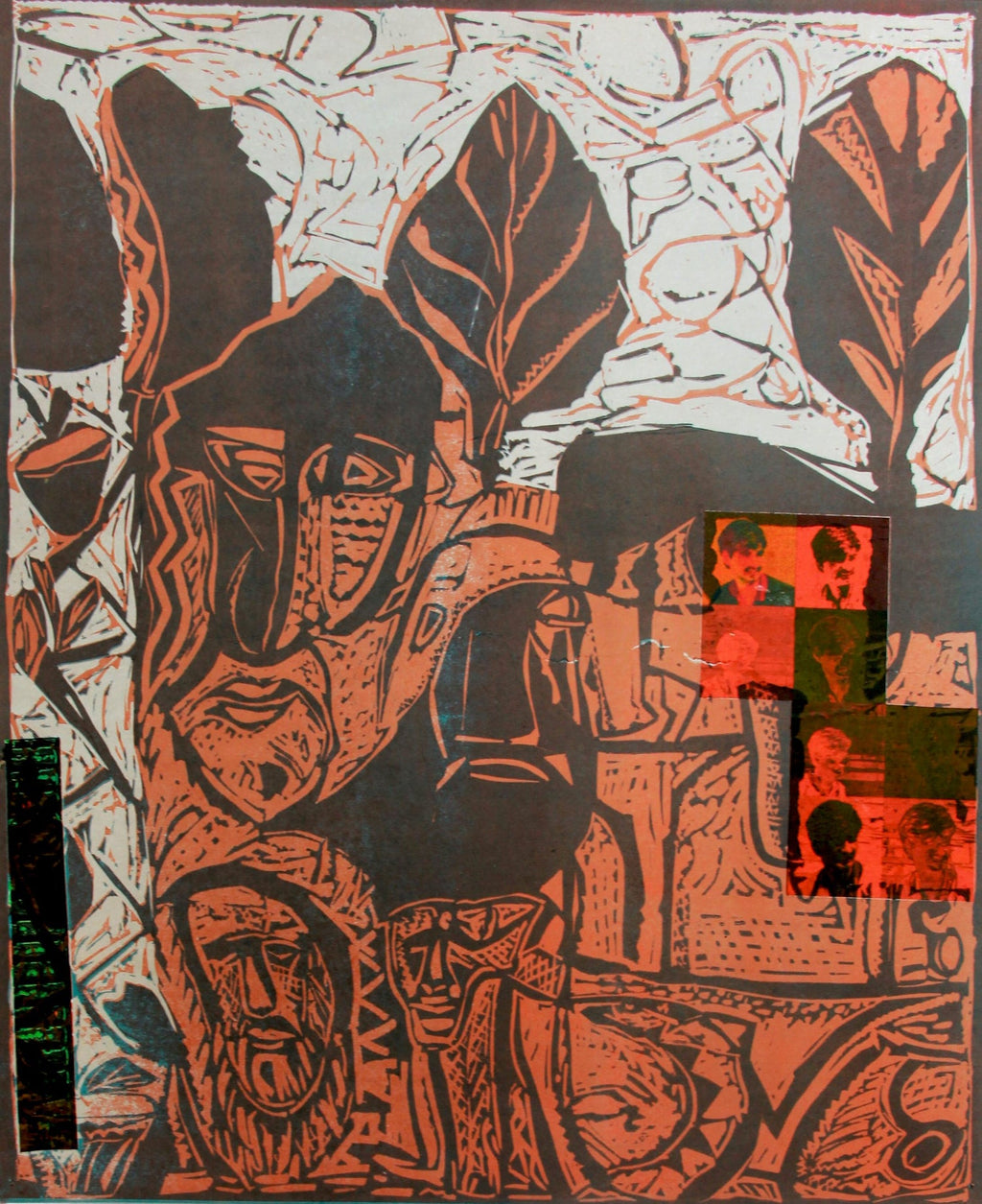 Motif, Orange Blue, African American Artist Viola Leak Woodcut Silkscreen Print