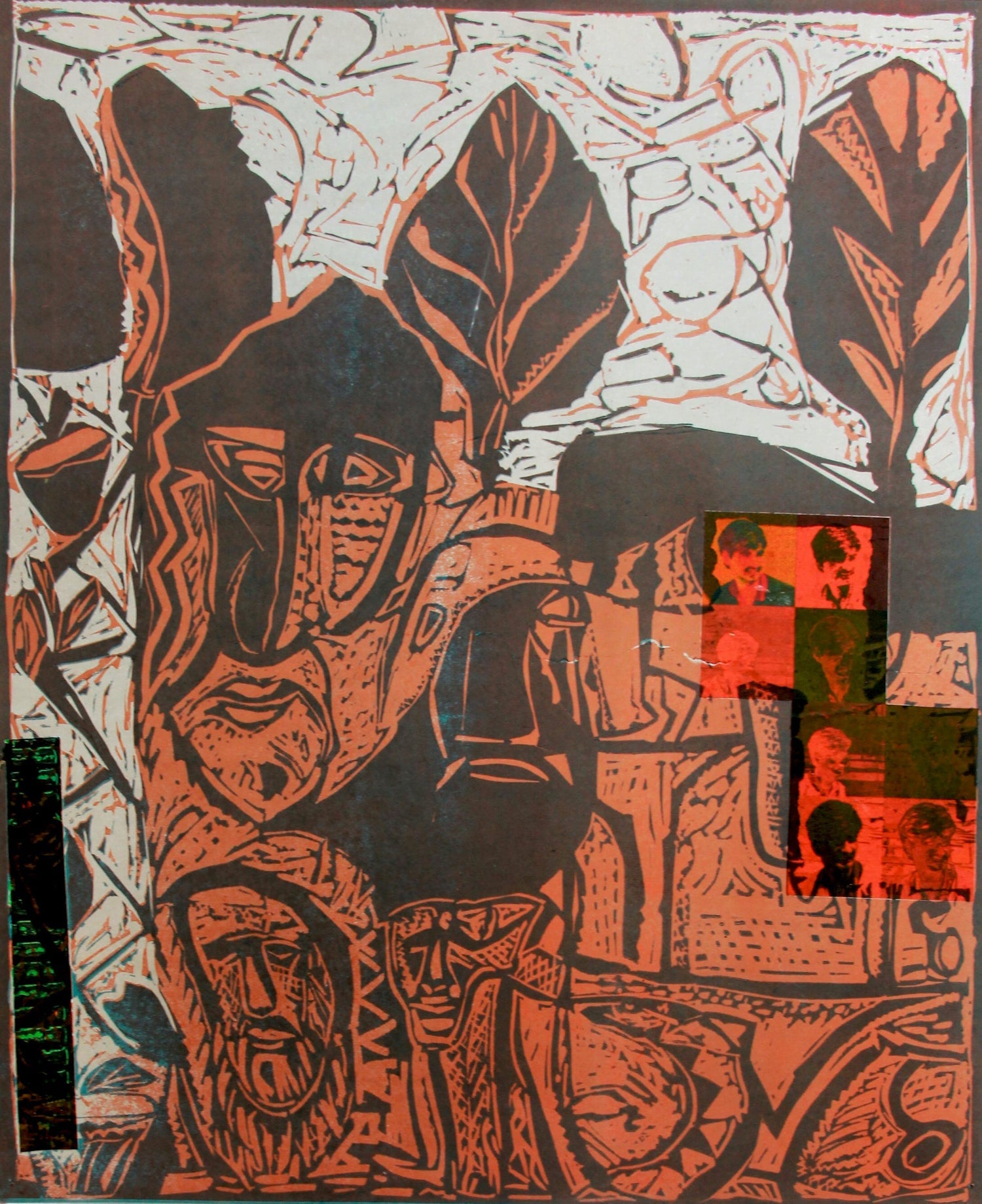 Motif, Orange Blue, African American Artist Viola Leak Woodcut Silkscreen Print