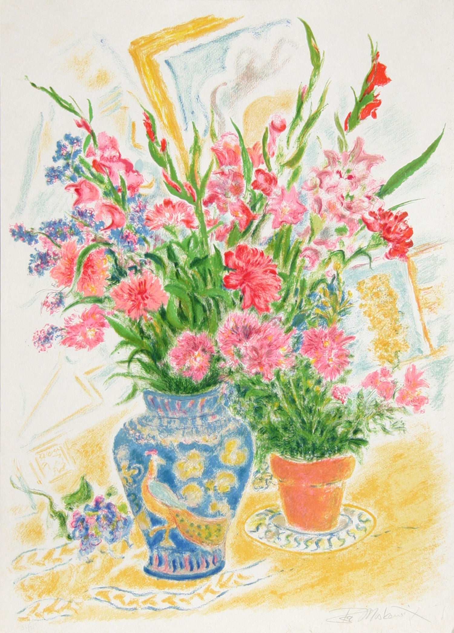 Offset Lithograph Modernist Print of Bold Vibrant Flowers, Plate Signed