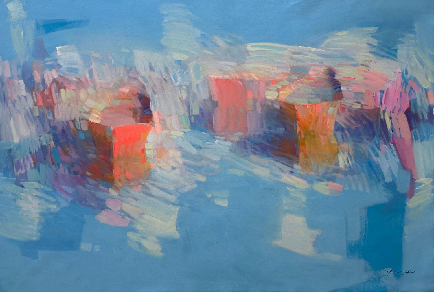 Surrealist Bulgarian French Israeli Riviera Scene Boats Oil Painting