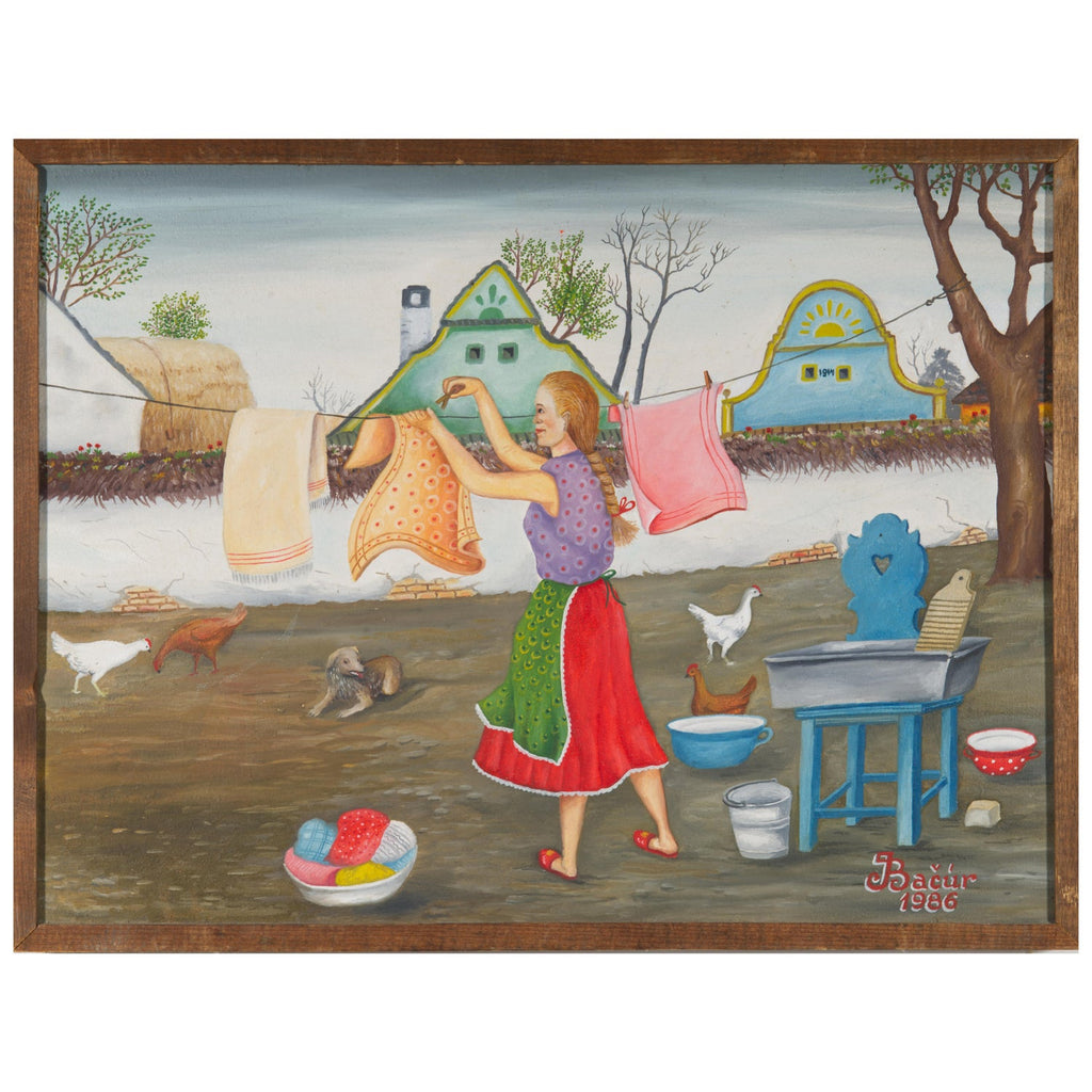 Girl & Plants Enamel Glazed Ceramic Plaque Israeli Artist Awret Naive Folk Art