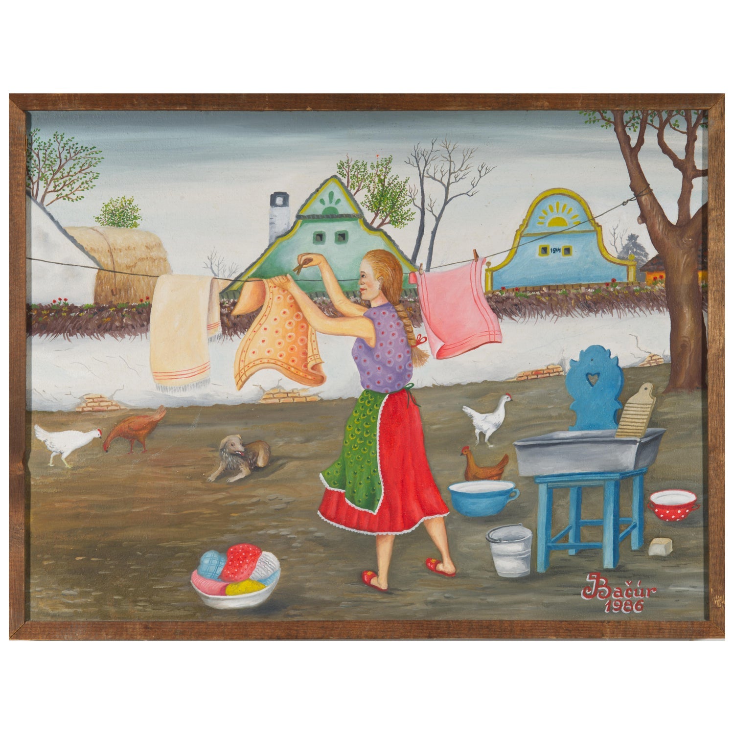 Girl & Plants Enamel Glazed Ceramic Plaque Israeli Artist Awret Naive Folk Art