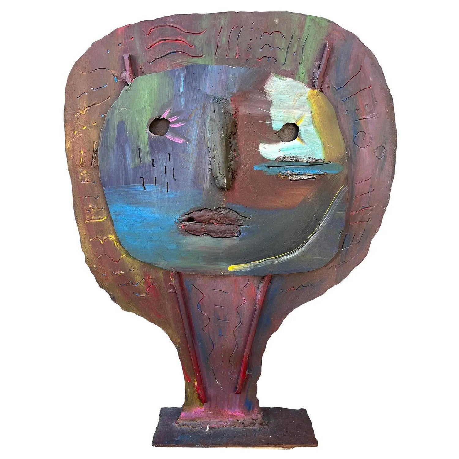 Mod Brutalist Abstract Metal & Painting Heavy Sculpture Bust George Nama