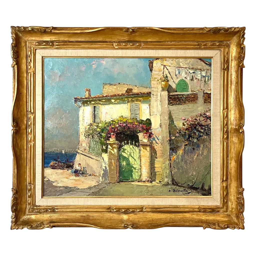 Whimsical Naive Mediterranean Seaside Interior Folk Art Oil Painting Fanch Ledan
