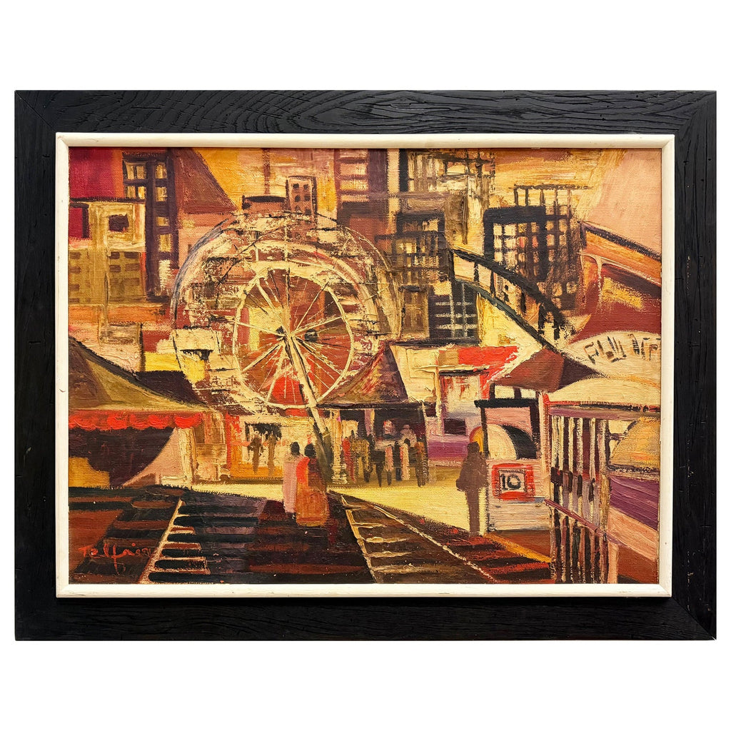 Modernist Oil Painting George Schwacha Carnival Circus Big Top Ferris Wheel WPA