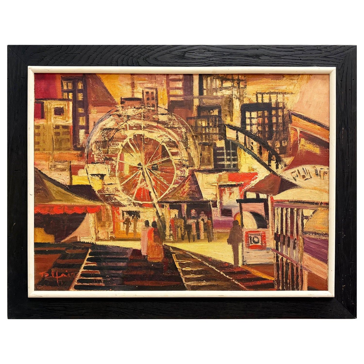 Modernist Oil Painting George Schwacha Carnival Circus Big Top Ferris Wheel WPA