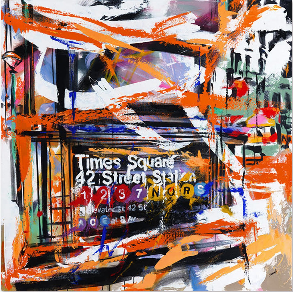Vibrant New York City Times Square, Figural Abstract Expressionist Oil Painting
