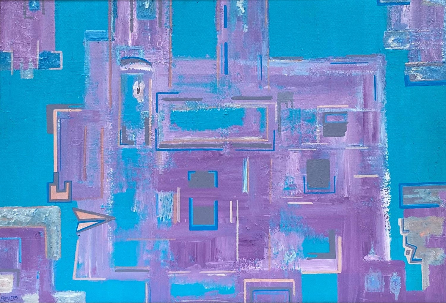 Large Israeli Abstract Pattern & Decoration Oil Painting Yuval Shaul Steel Frame