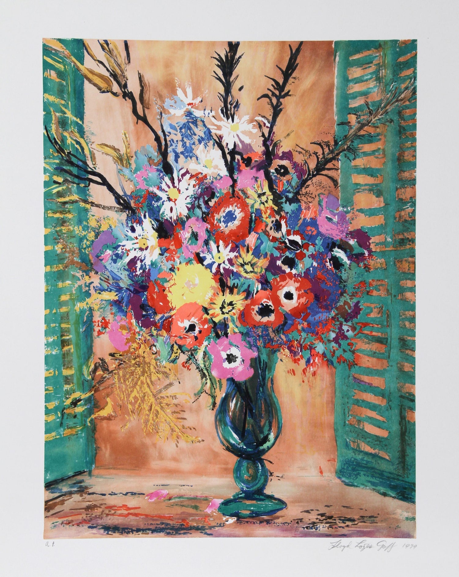 Offset Lithograph Modernist Print of Bold Vibrant Flowers, Plate Signed