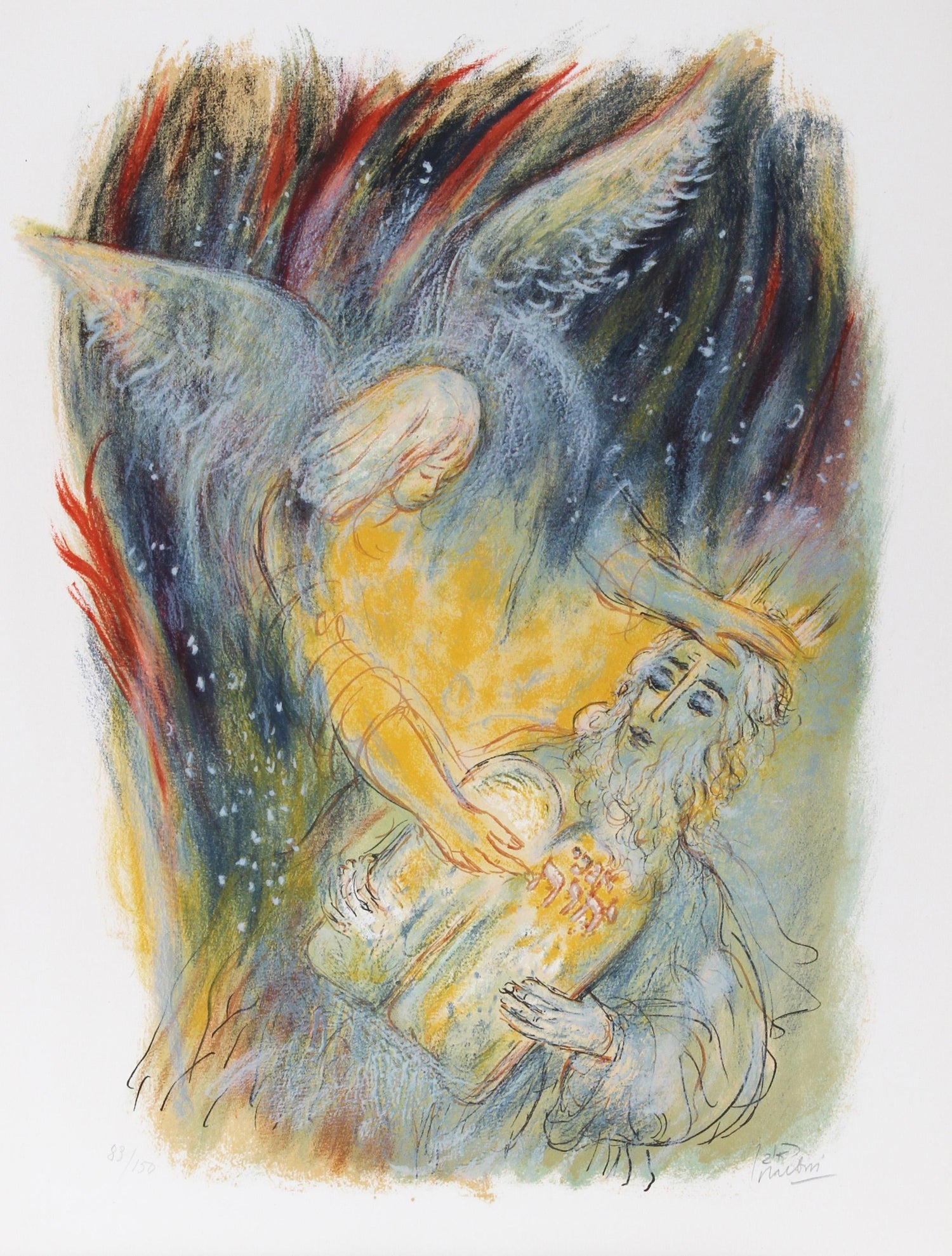 Israeli Judaica Original Painting King David and Angel Polish Artist Arie Dubi