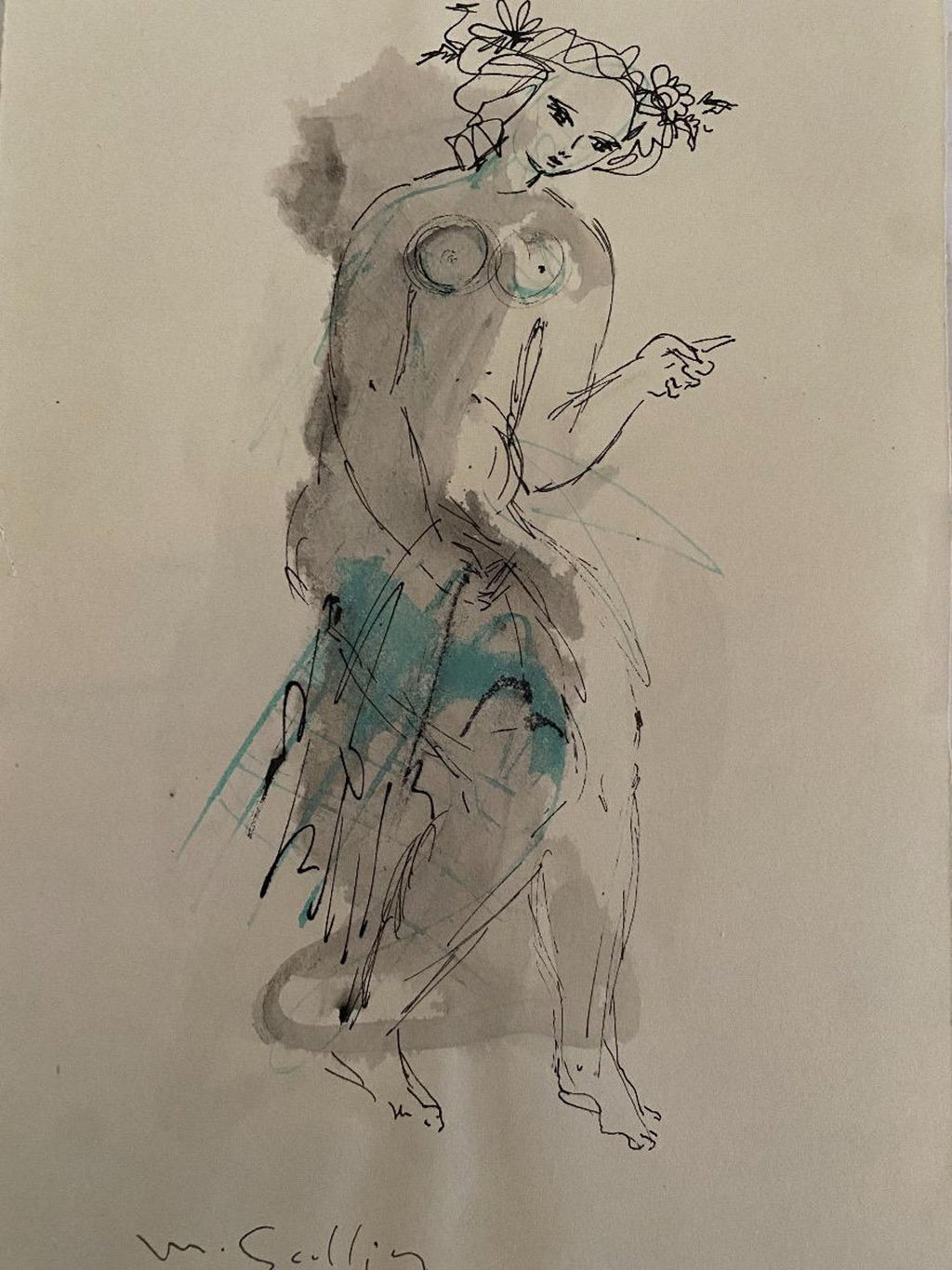 Modernist Ink and Wash Drawing, Painting Jankel Adler Woman Model Ecole De Paris