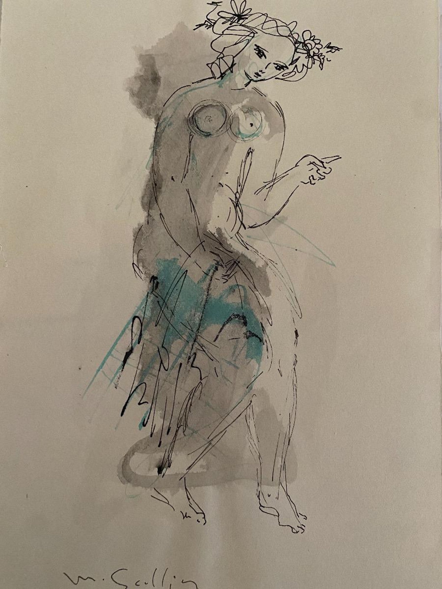 Modernist Ink and Wash Drawing, Painting Jankel Adler Woman Model Ecole De Paris