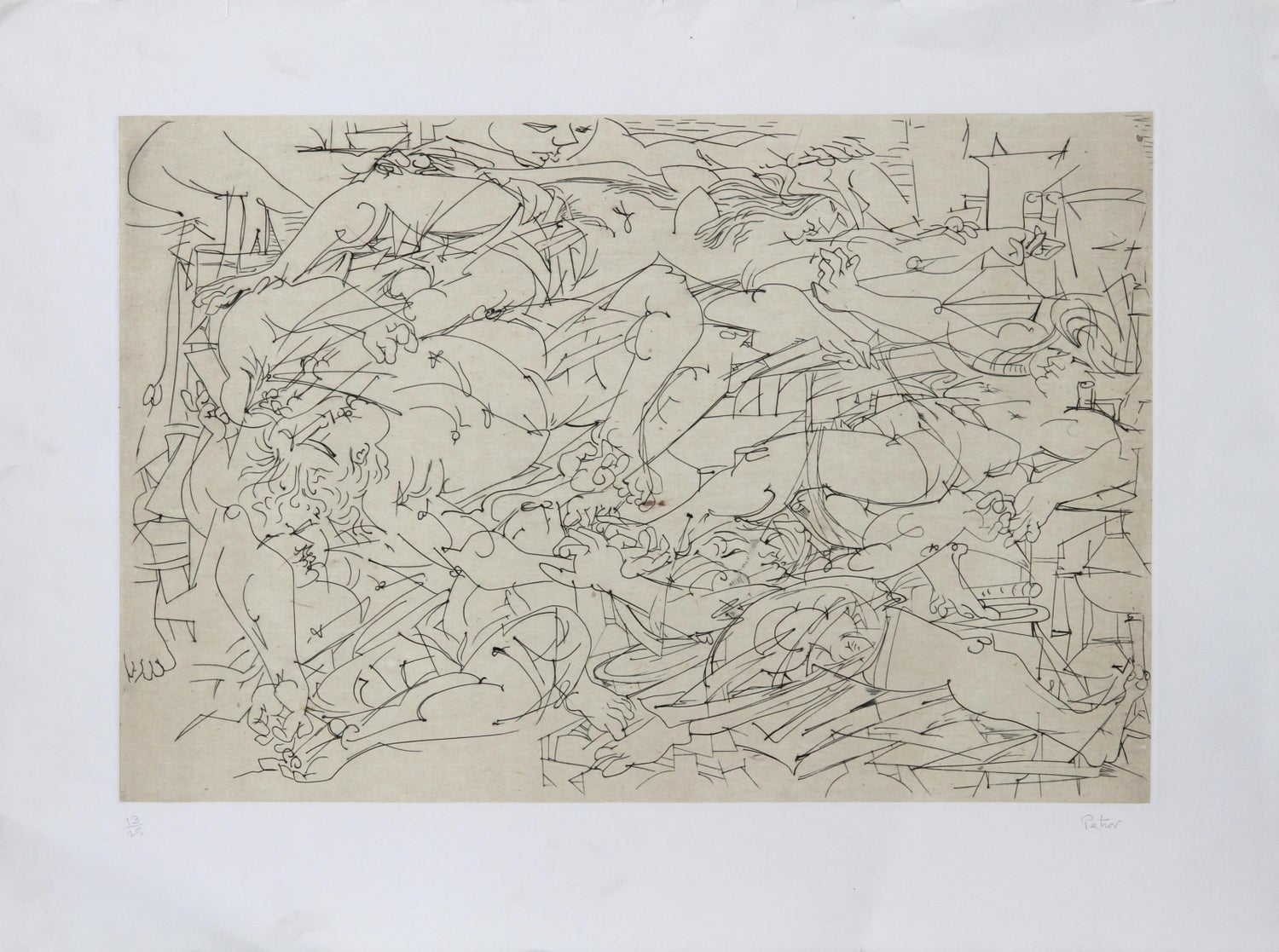 Fallen Figures. Standing Dog, American Modernist Abstract Etching
