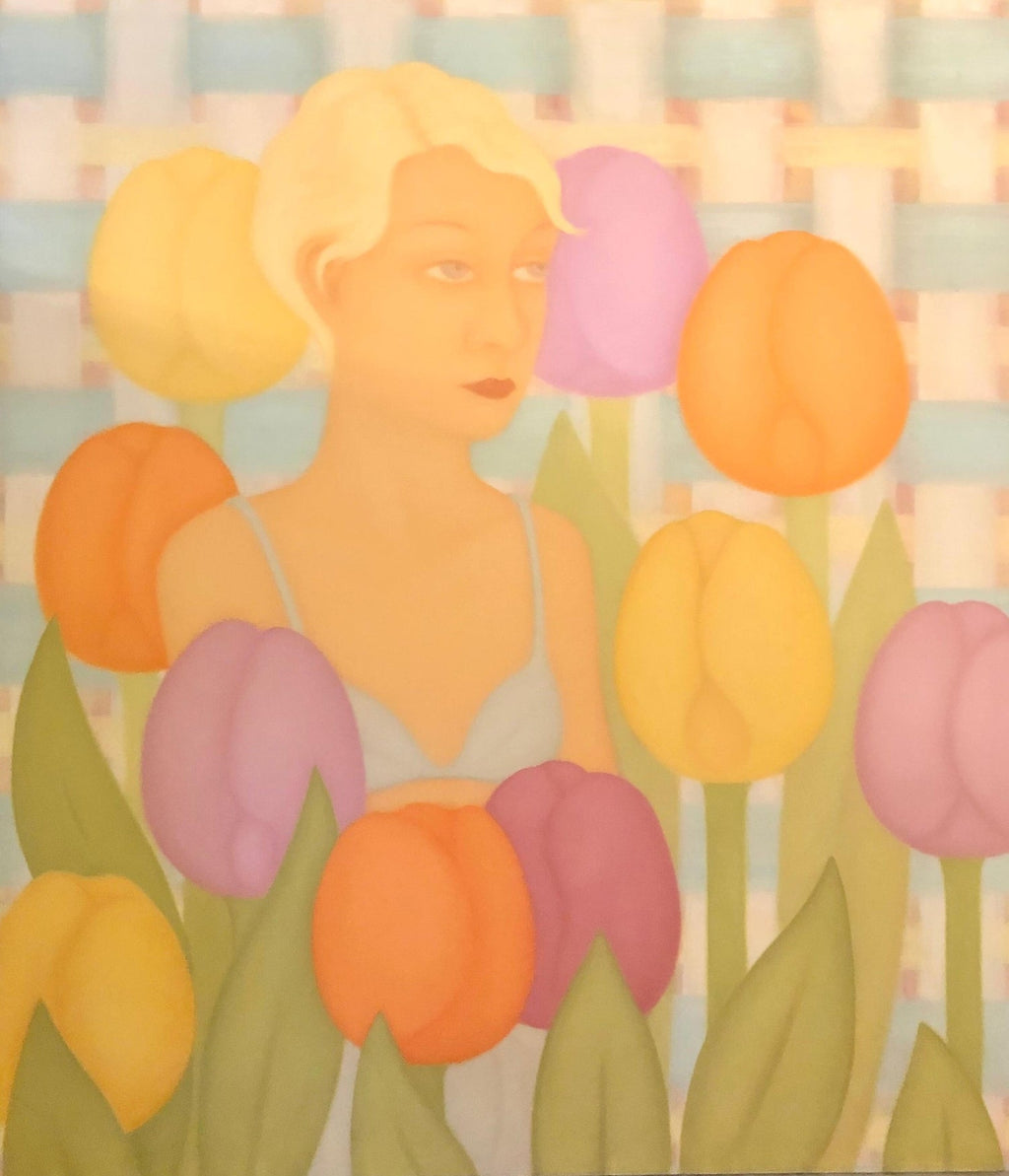 Modernist SUNDAY MORNING HARVEST Woman with Flowers Oil Painting