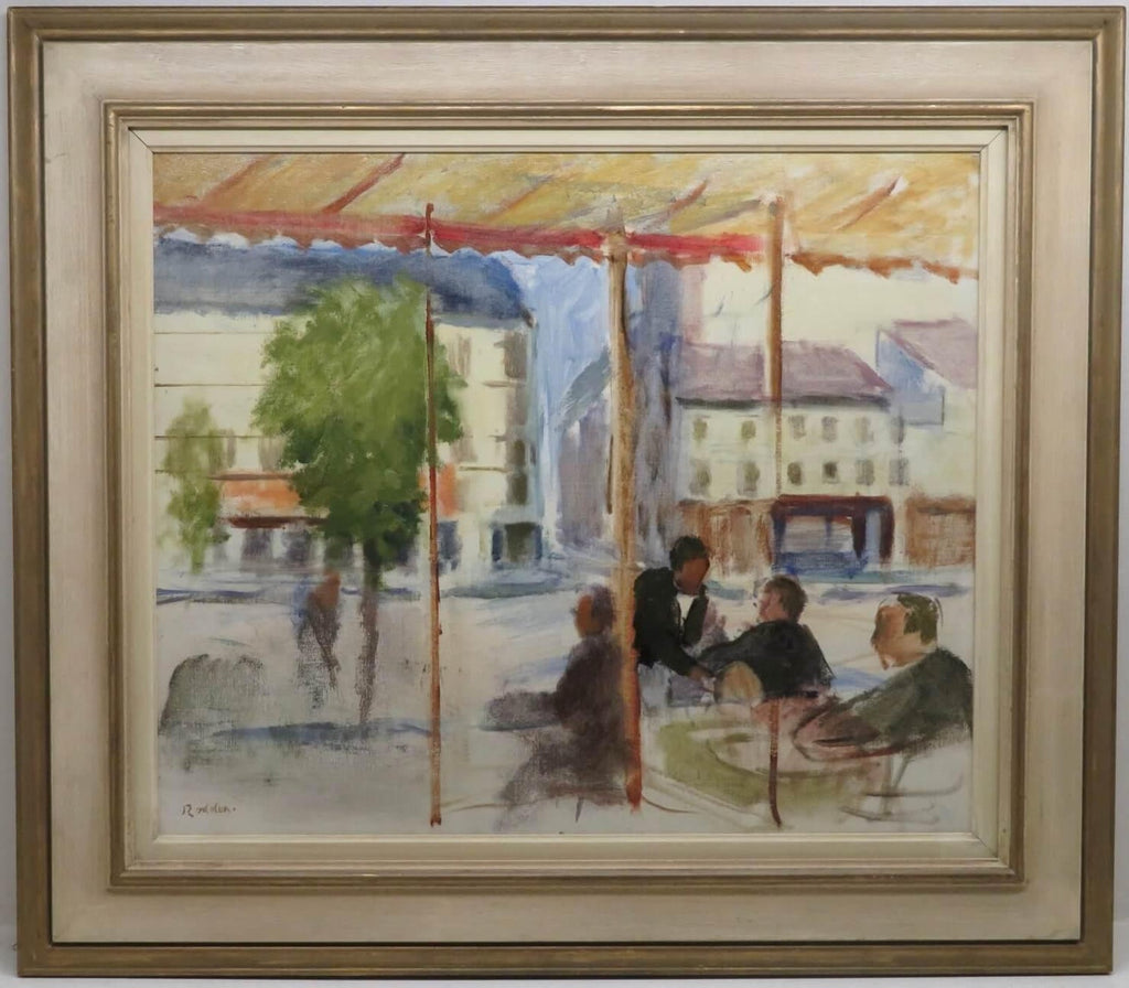 Modernist Oil Painting George Schwacha Brooklyn Street Scene Fruit Market WPA