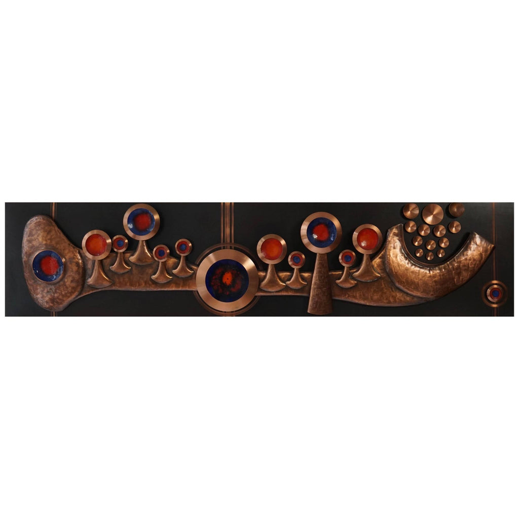 1970s  Large Wood, Copper Inlay Sculpture Wall Relief Tropical Flowers Motif