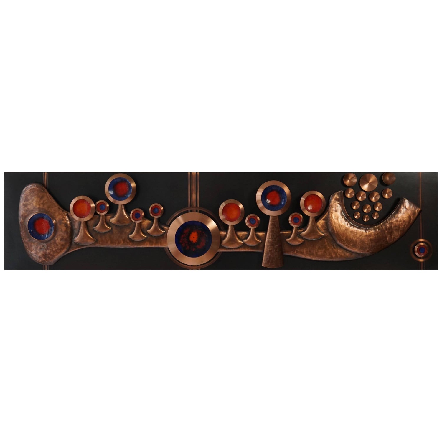 1970s  Large Wood, Copper Inlay Sculpture Wall Relief Tropical Flowers Motif