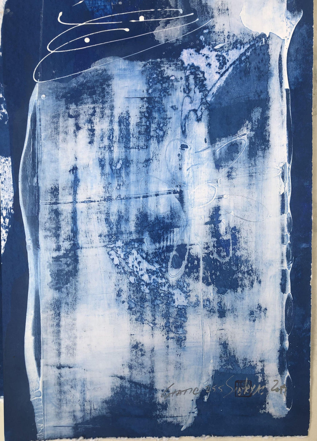 Abstract Expressionist Modernist Denim Blue Monoprint Monotype Painting Print