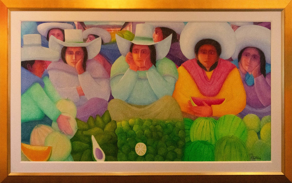 Large Latin American Modernist Oil Paintng Women with Fruit