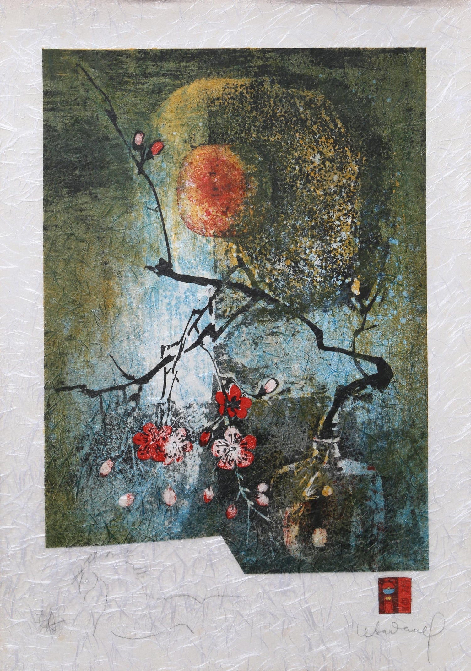 Modernist 1998 Flowering Tree Color Lithograph Dan Rizzie Mod Collage Artist