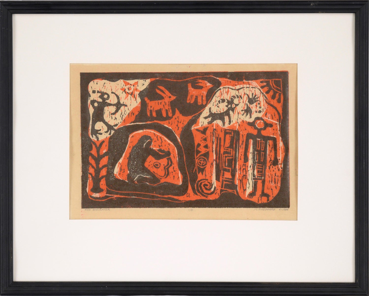 Vintage Vibrant Mod Mythological Dragon Psychedelic Woodblock Woodcut Print