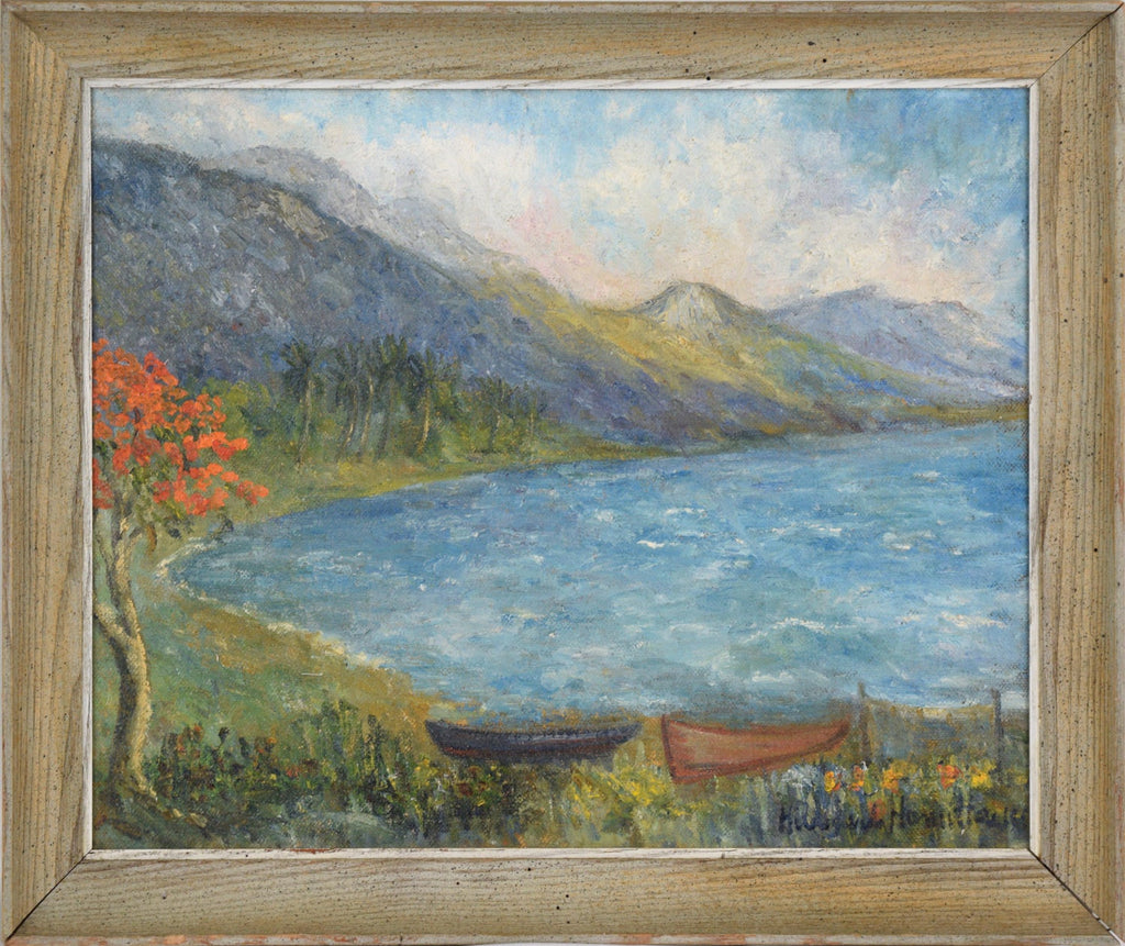 Oil Painting Harbor Scene with Naval Ships Sailors & Boats Hildegarde Hamilton
