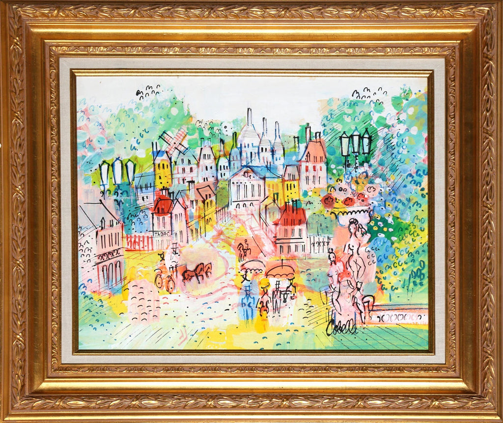 Charming French Naive Art, Clowns on Bicycle Michel Boulet Folk Art Oil Painting