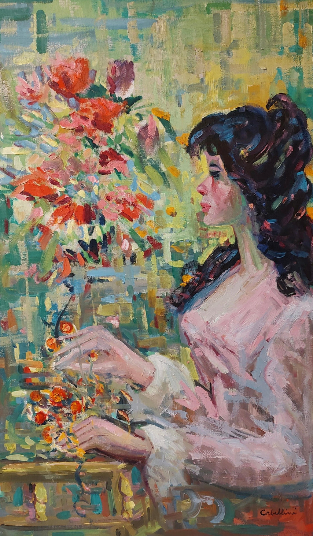 Modernist SUNDAY MORNING HARVEST Woman with Flowers Oil Painting