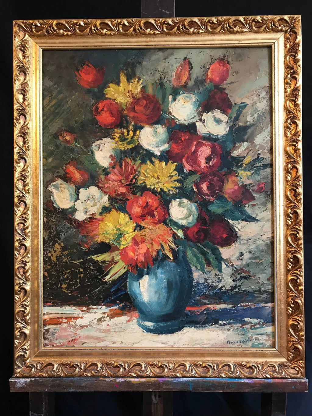 Czech American Floral Oil Painting Jan De Ruth Vibrant Modernist Flowers in Vase
