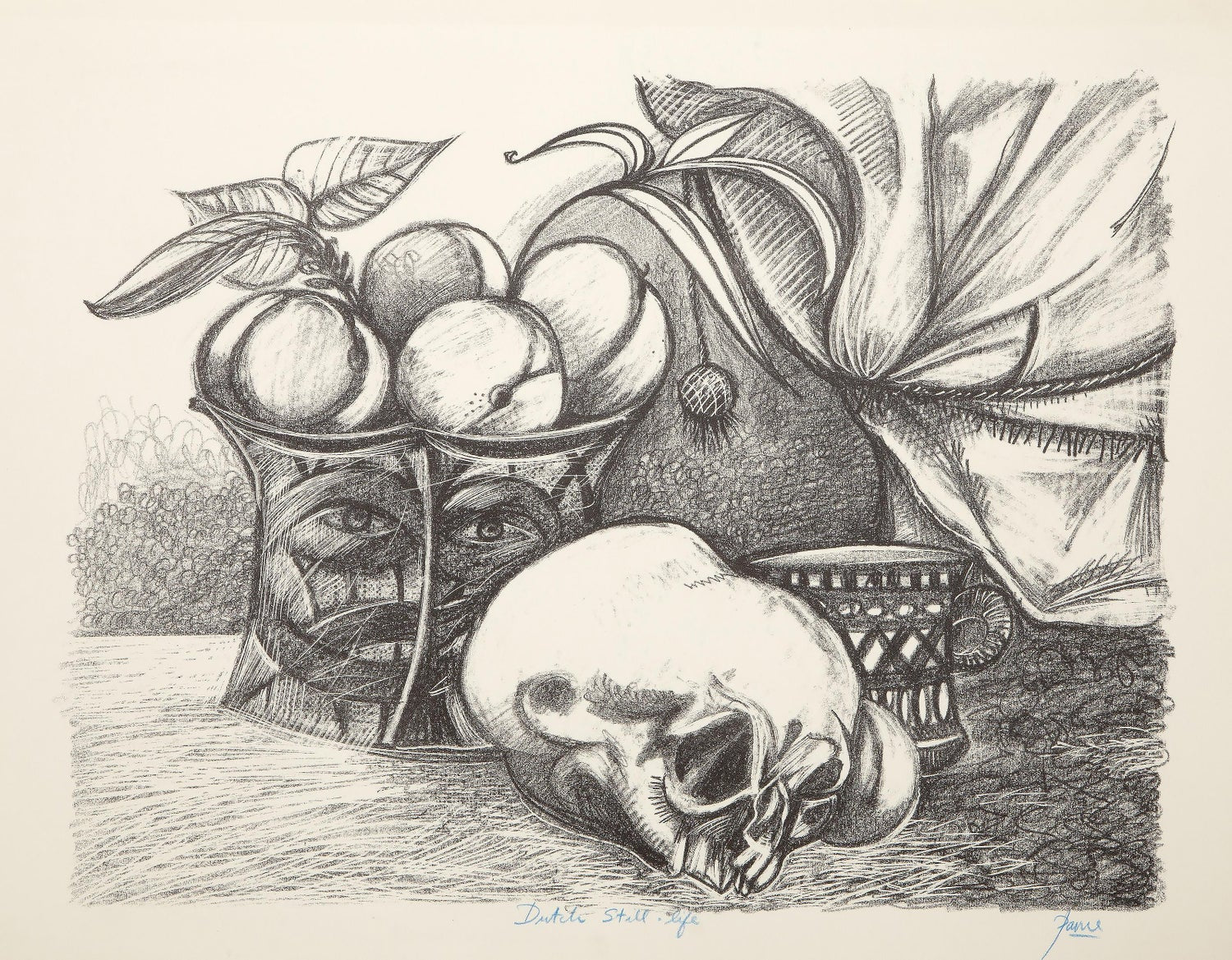 Spanish Catalan Surrealist Lithograph Portrait Girl with Fruit Still Life