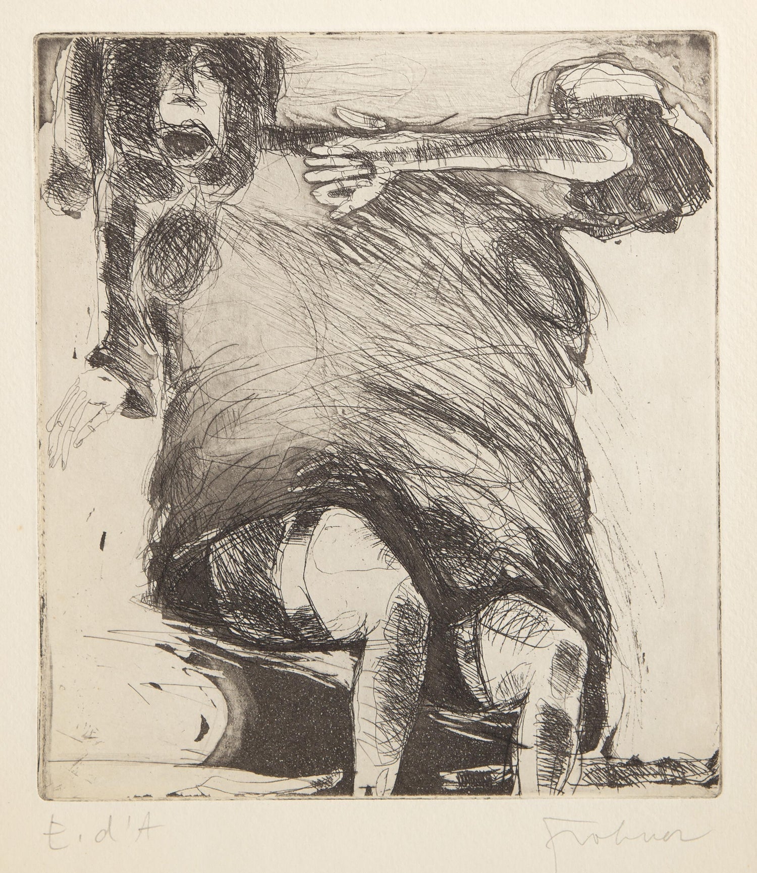 "She Made Him Sleep on her Knees" Etching Israeli Judaica Bezalel School Woman