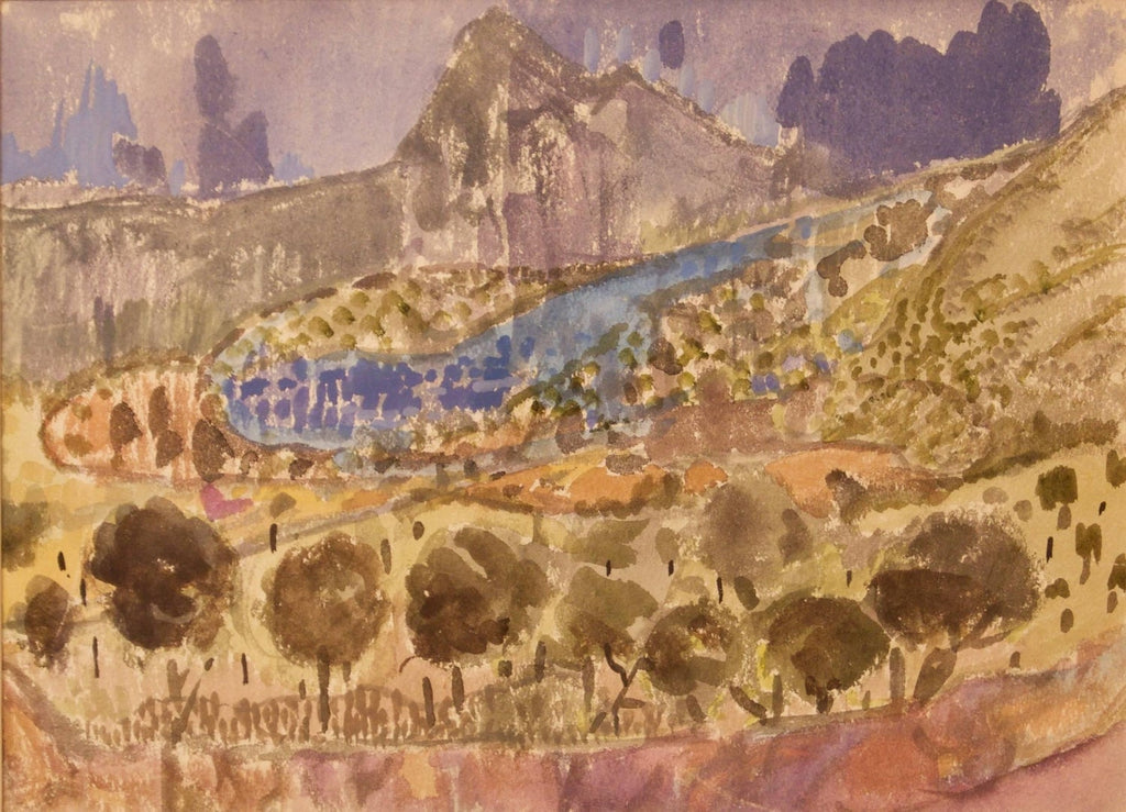 Israeli Modernist Watercolor Painting Jerusalem Landscape Bezalel School Avniel