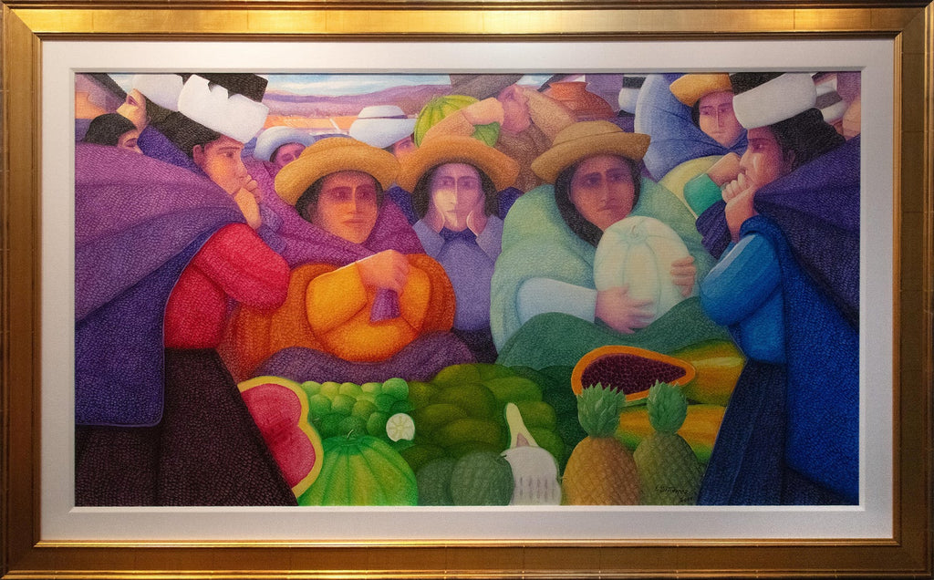 Large Latin American Modernist Oil Paintng Women with Fruit