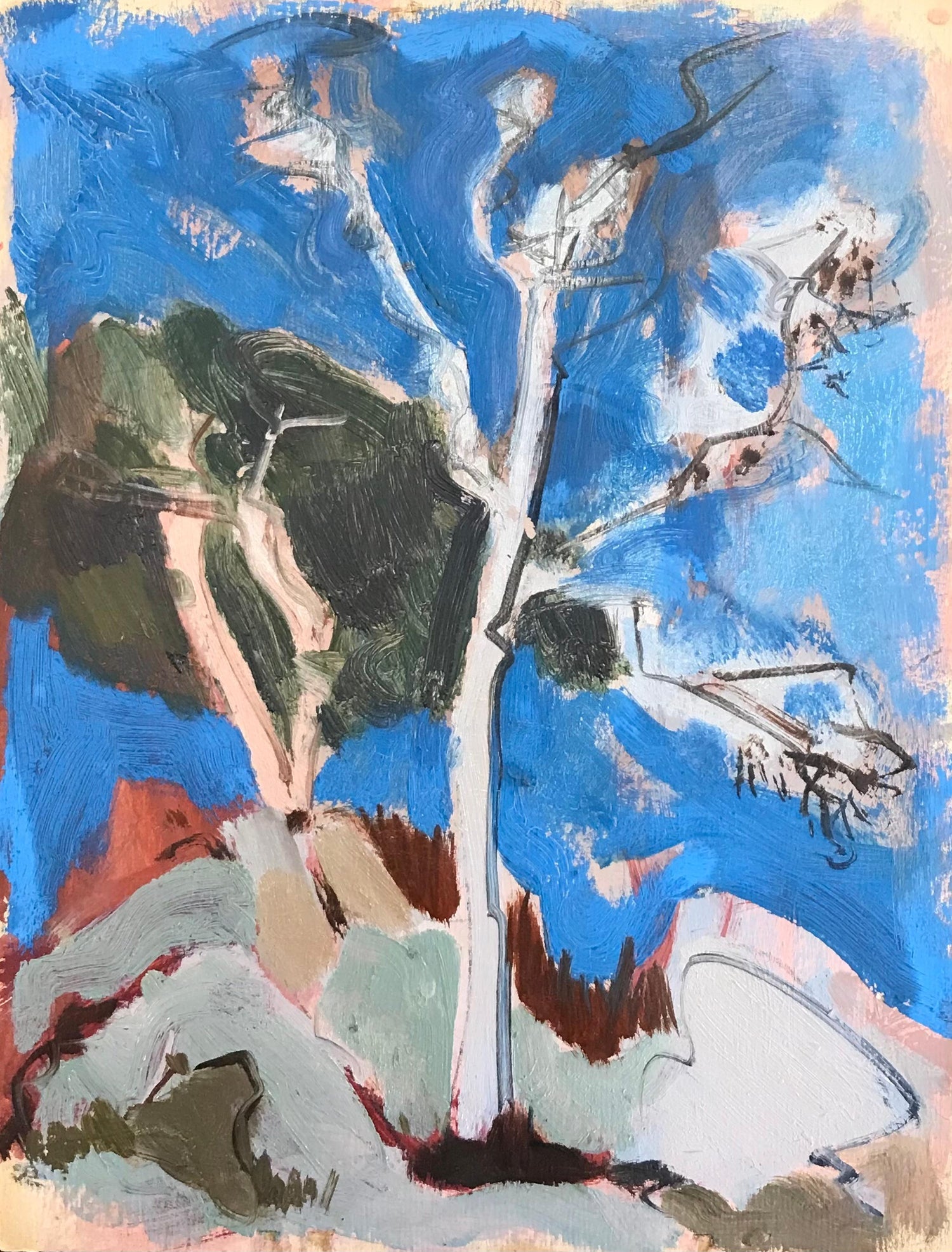 Abstract Landscape with Palm Tree Judaica Gouache Painting