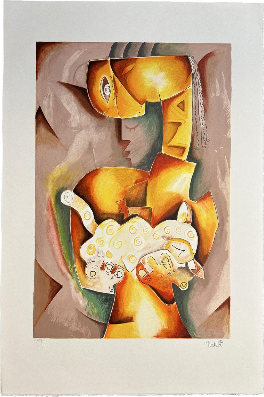 Contemporary Indian Art Master Lithograph in Color Abstract Figures with Cat