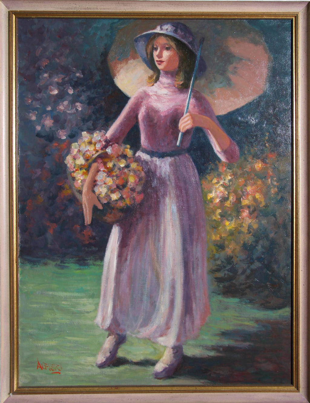Modernist SUNDAY MORNING HARVEST Woman with Flowers Oil Painting