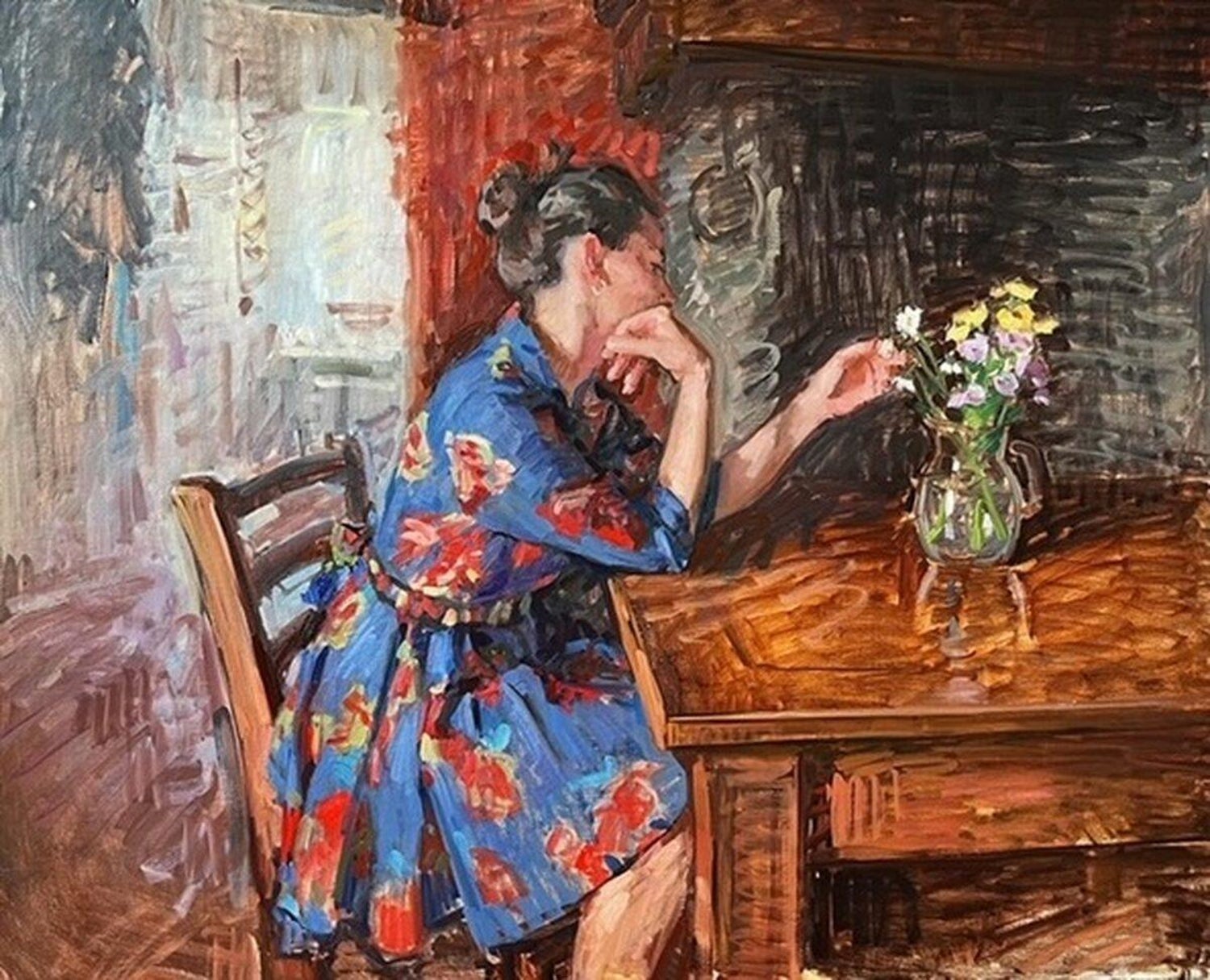 Modernist SUNDAY MORNING HARVEST Woman with Flowers Oil Painting