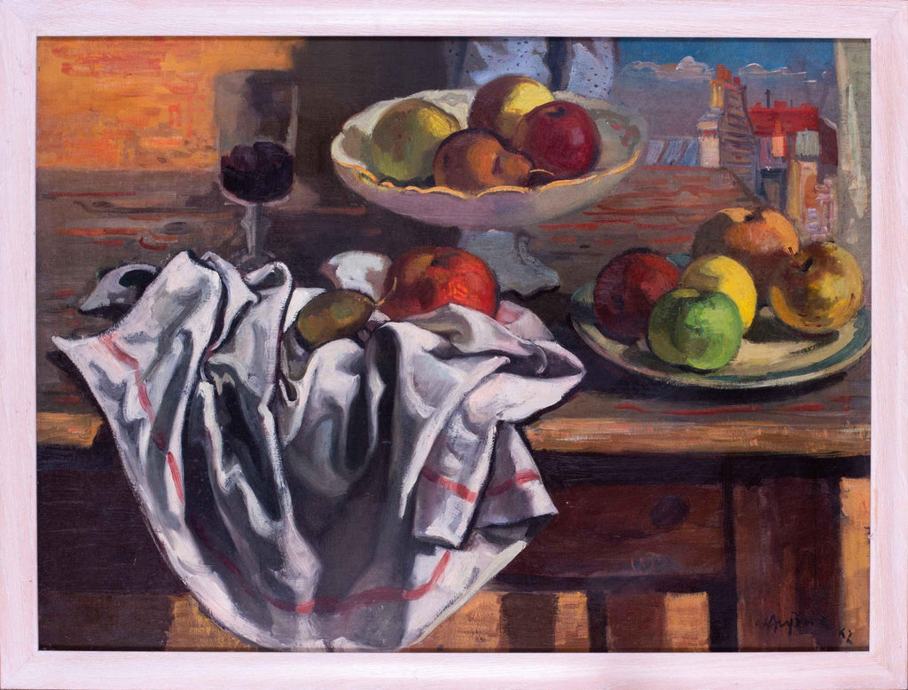 Israeli Folk Art Oil Painting Pomegranates Naive Style Still Life Hedva Yardeni