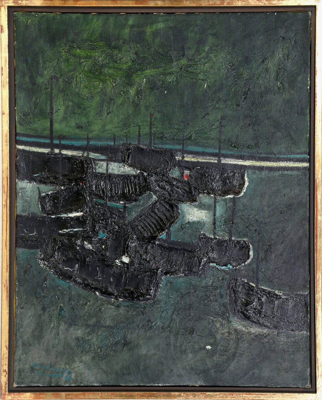 Modernist Oil Painting Abstract Dock with Boat Judith Shahn
