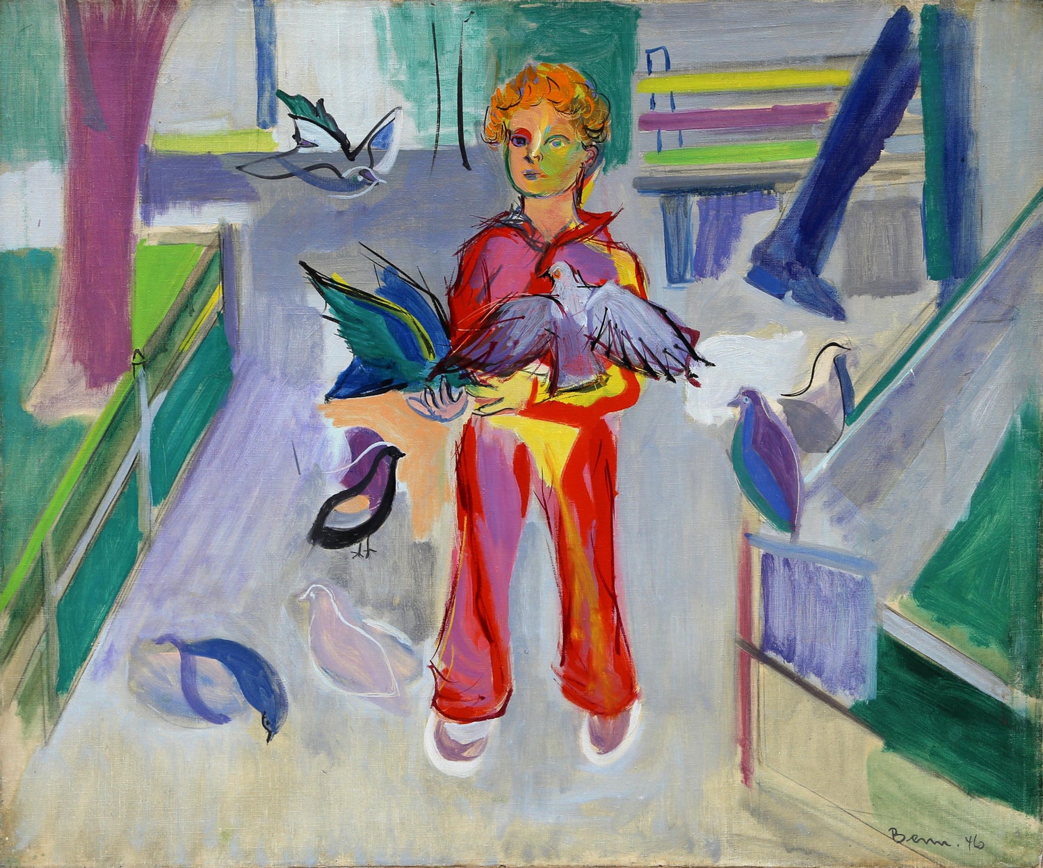 American Modernist Seymour Remenick Oil Painting Men with Pigeons Philadelphia