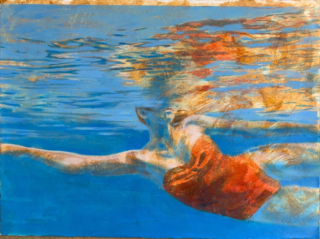 Israeli KIbbutz Artist Toddler, Swim Tube Pointilist Oil Painting Bezalel School