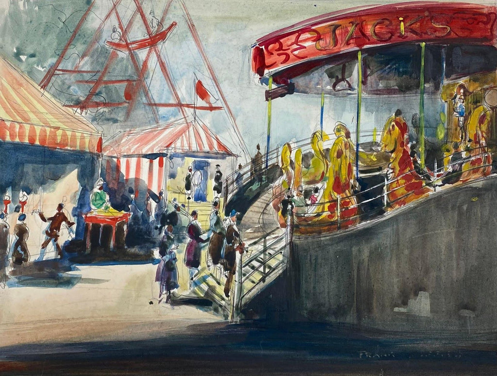 Modernist Oil Painting George Schwacha Carnival Circus Big Top Ferris Wheel WPA