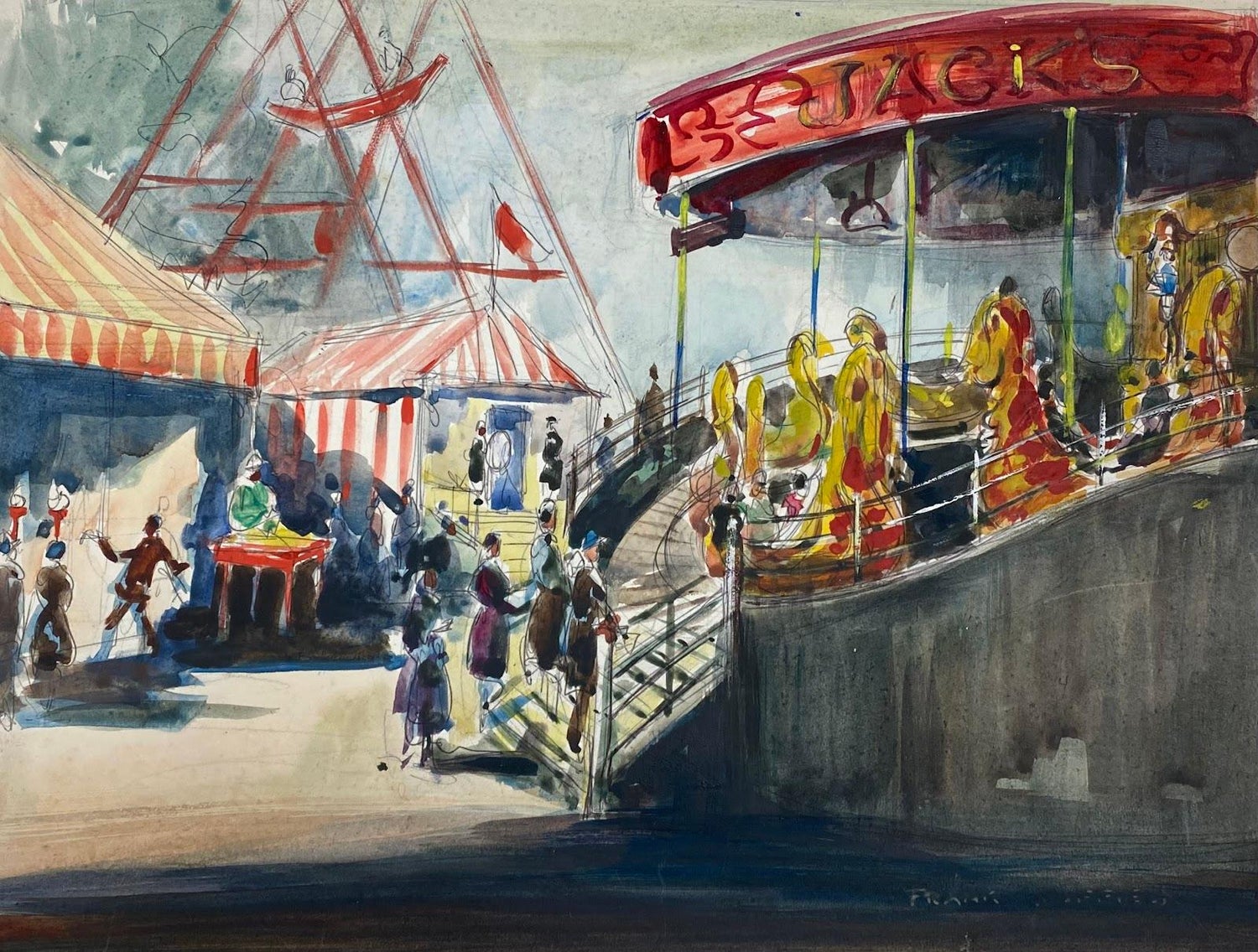Modernist Oil Painting George Schwacha Carnival Circus Big Top Ferris Wheel WPA