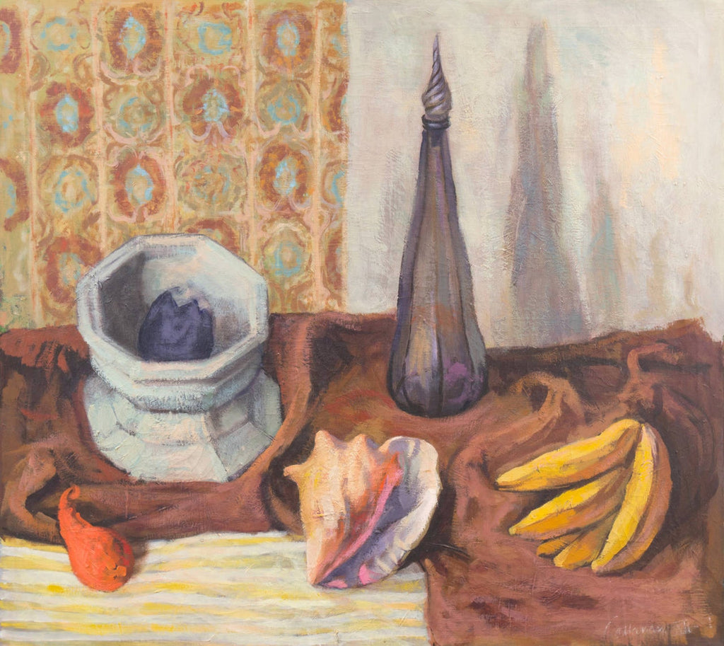 Modernist Oil Painting Still Life Tableaux with Lobster, Pineapple and Clock