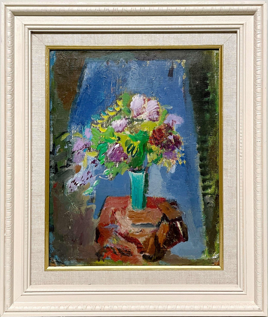 Czech American Floral Oil Painting Jan De Ruth Vibrant Modernist Flowers in Vase