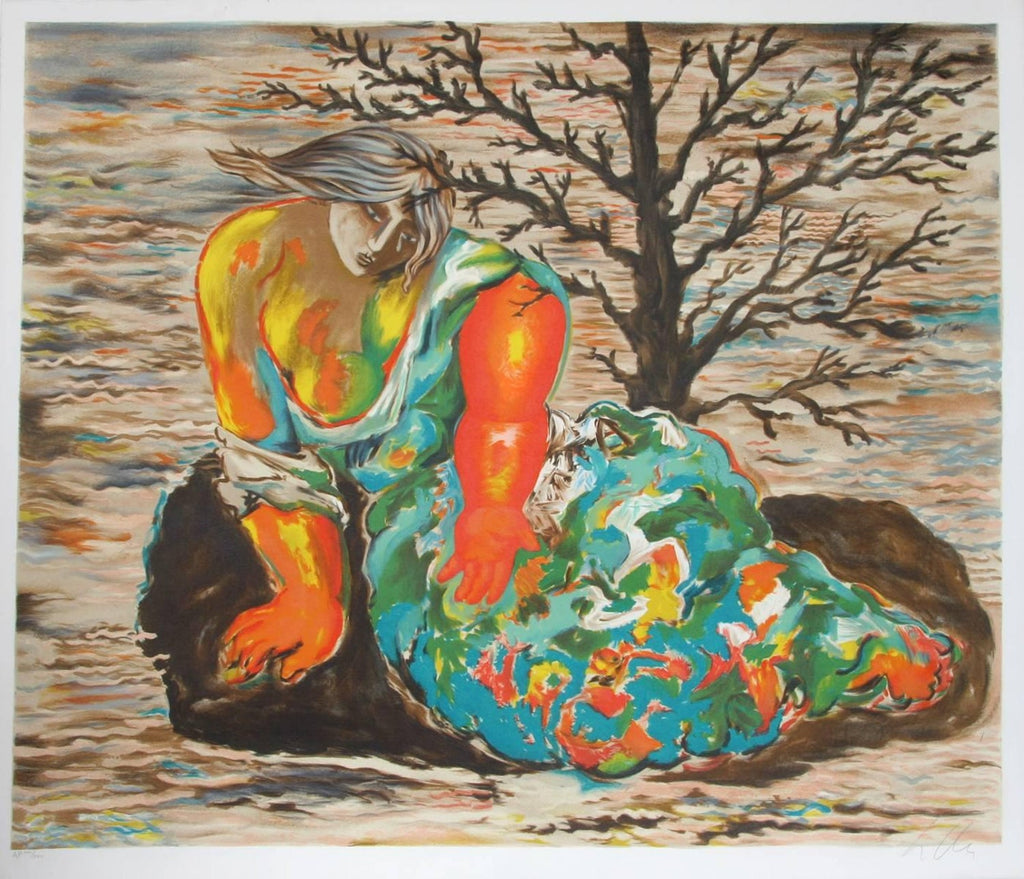 Large lithograph Italian Post Modernist Bright Figurative Pop Art Figure w Dog